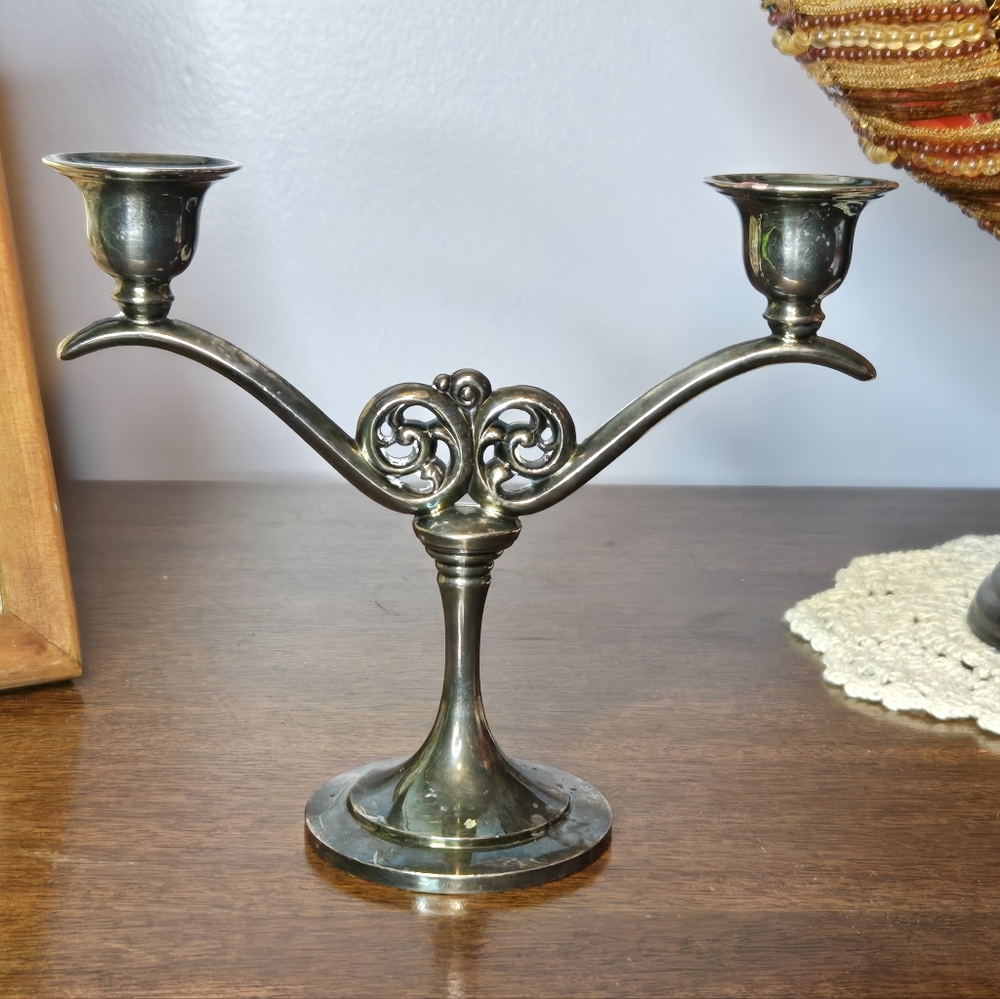 MCM Oneida Silversmiths Double Arm Taper Candle Holder Elegant Silver Candelabra